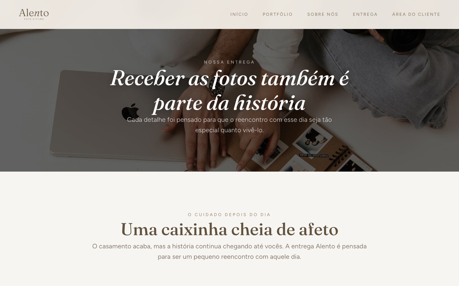 Página da entrega da Alento com a caixa de fotos e polaroides