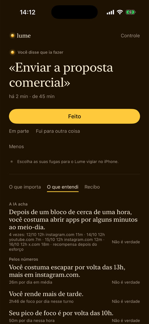 Lume no iPhone com a promessa aberta e o que a IA percebeu dos padrões de fuga