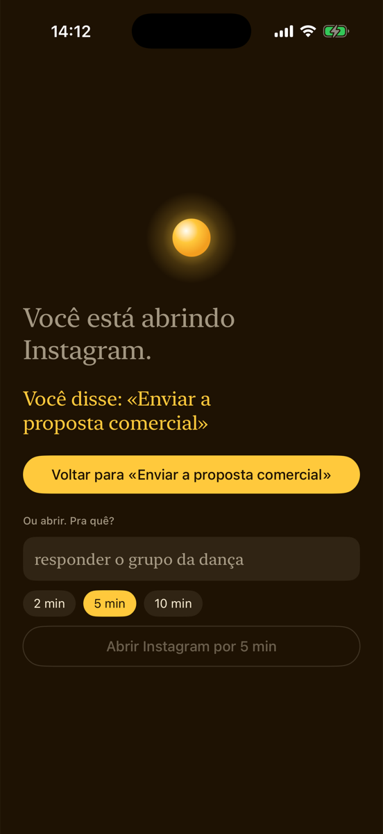 Tela Pra quê? do Lume antes de abrir um app de fuga
