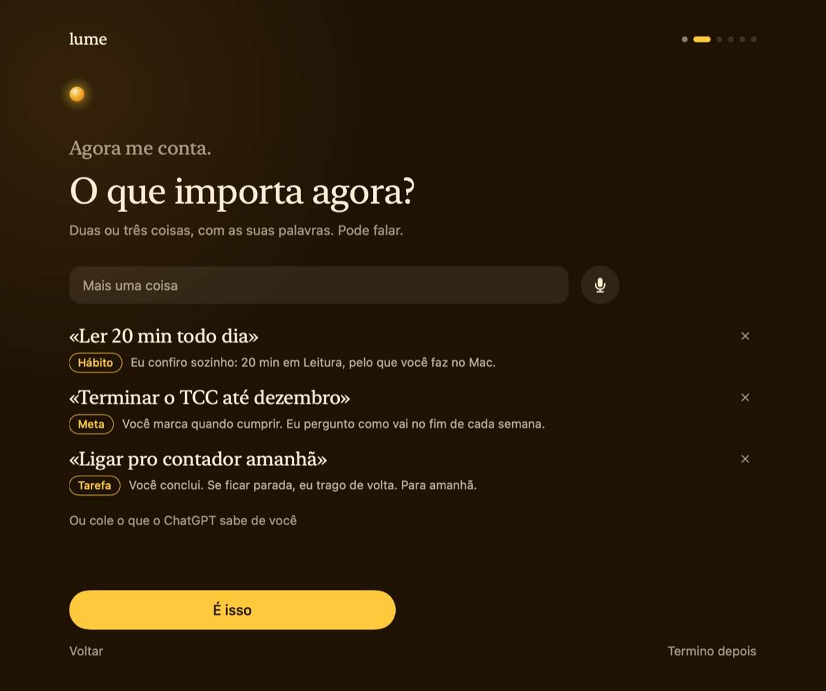 Tela do onboarding do Lume perguntando o que importa agora, com três itens classificados como hábito, meta e tarefa