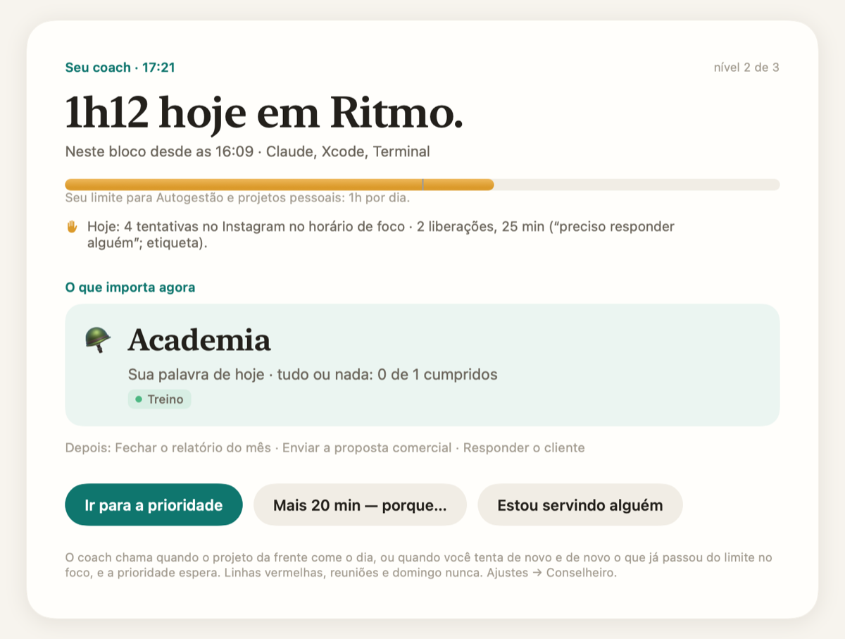 Cartão do coach em tela cheia mostrando o tempo gasto e a prioridade do momento