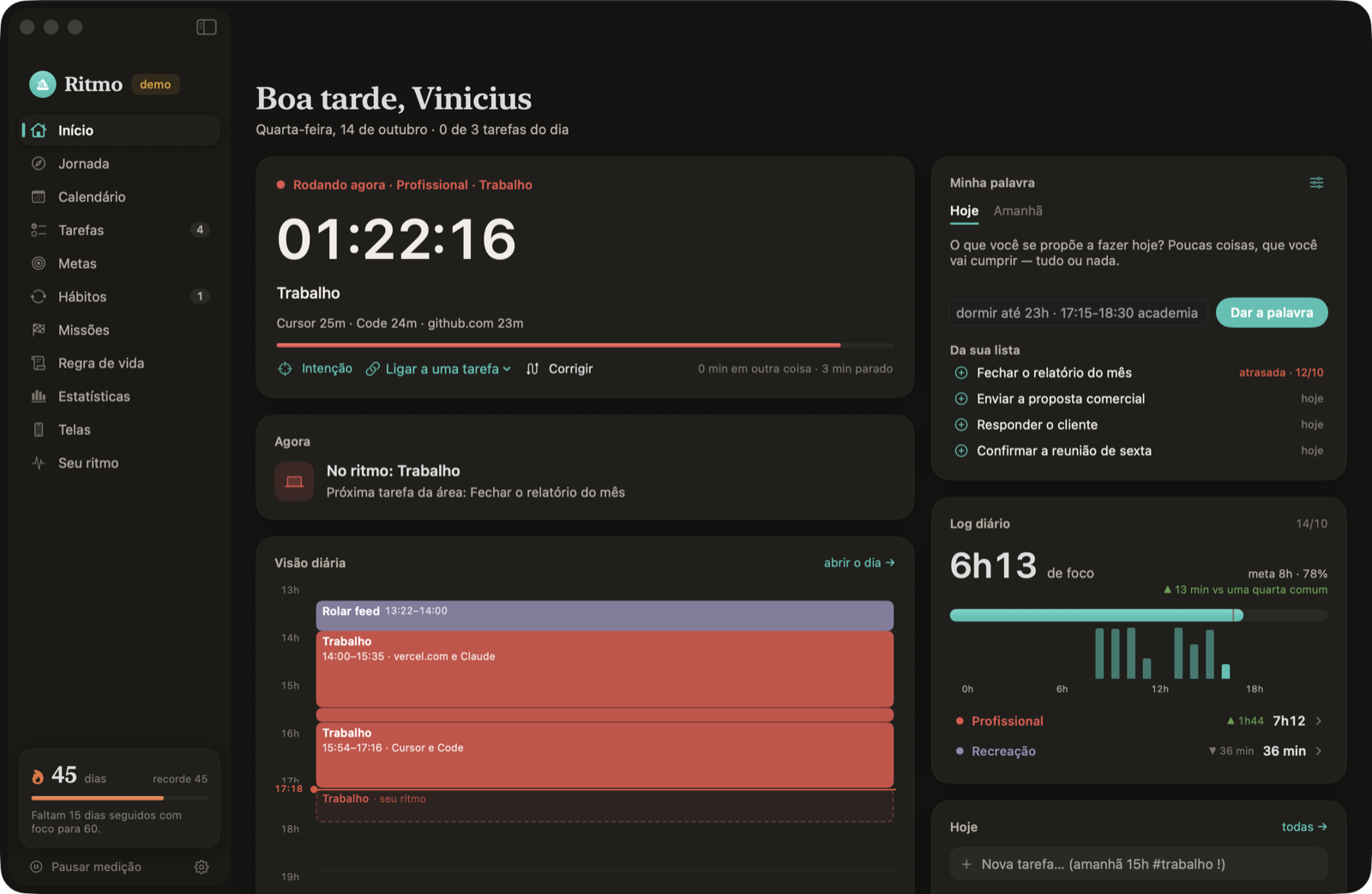 Tela inicial do Ritmo com o bloco rodando agora, a palavra do dia e a visão diária